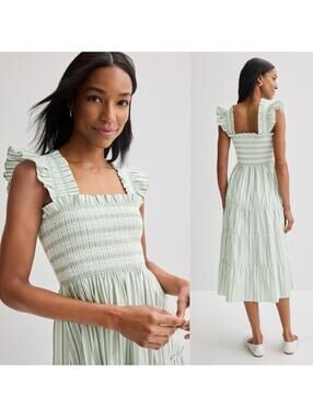 HILL HOUSE HOME The Ellie Nap Cotton Dress Green Stripe w/ Ruffle Straps - SM